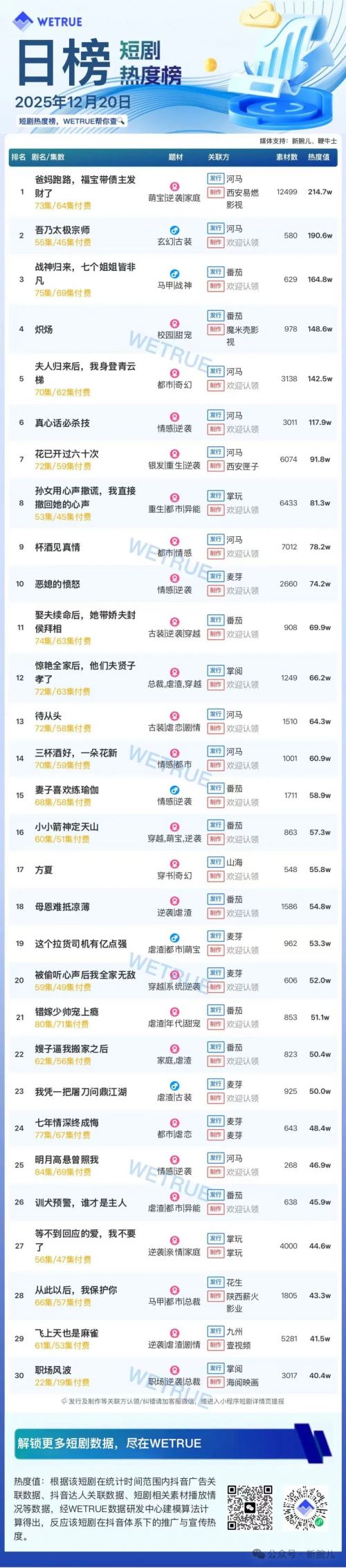 12月20日付费短剧大盘4249万：《爸妈跑路，福宝带债主发财了》第一